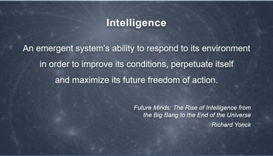 Intelligence: An emergent system’s ability to respond to its environment in order to improve its conditions, perpetuate itself and maximize its future freedom of action. – Future Minds: The Rise of Intelligence from the Big Bang to the End of the Universe by Richard Yonck